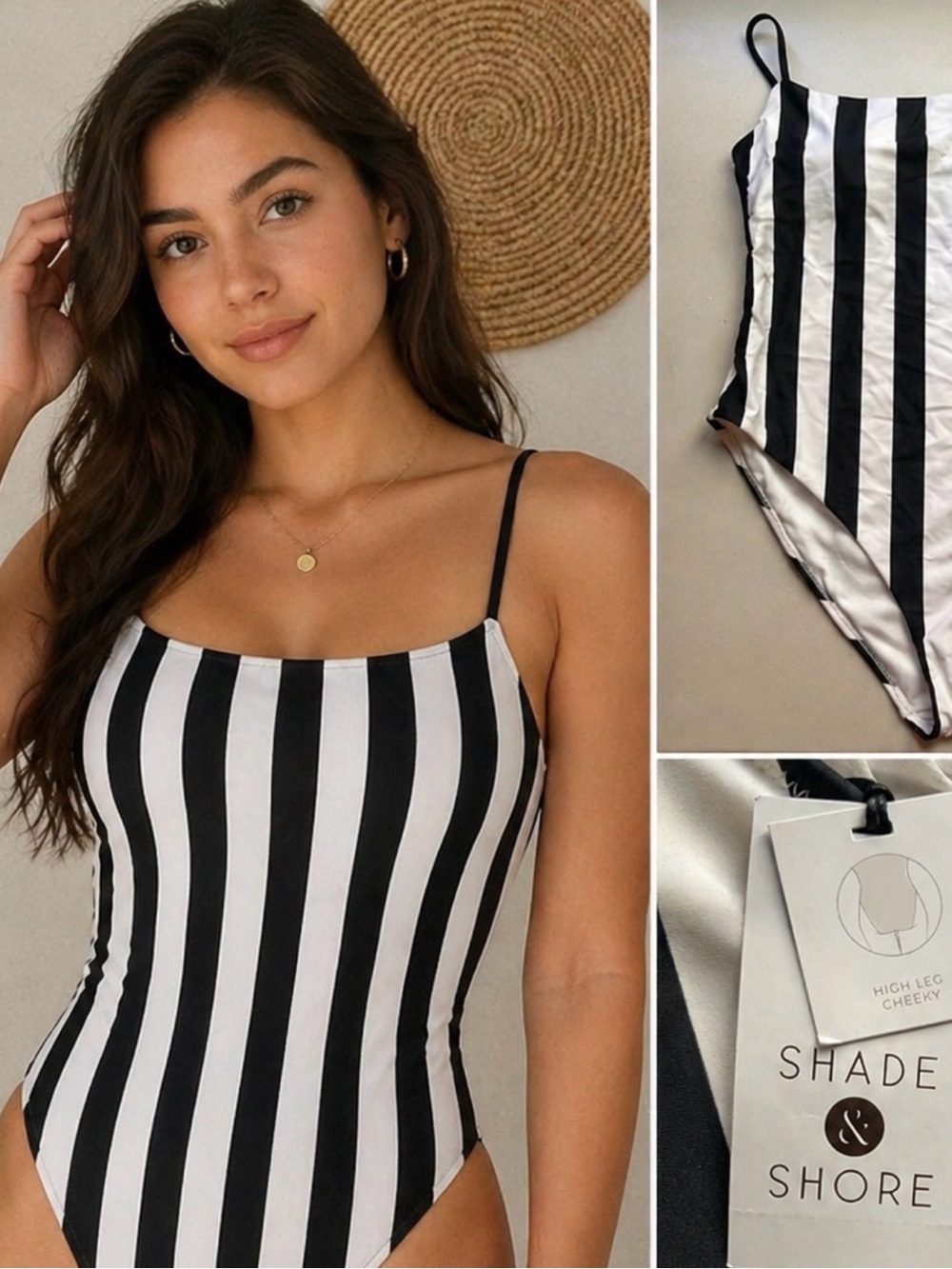 Shade & Shore One Piece Swimsuit Black White Striped High Leg Cheeky L NWT